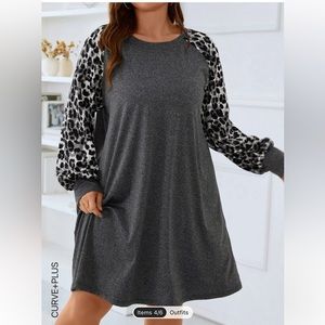 SHEIN Leopard Print Raglsn Sleeve Dress